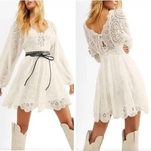 Free People Dresses & Skirts - Free People Lottie Mini Dress in Ivory eyelet broderie EUC